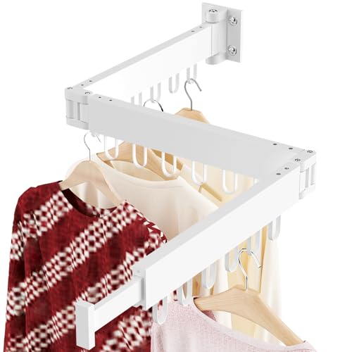 JAUREE Clothes Drying Rack Wall Mounted, Laundry Drying Rack Collapsible, Space Saving Wall Drying Rack Clothing Foldable, Tri-Fold Retractable Rack Outdoor Indoor with 18 Hooks, White - Image 1