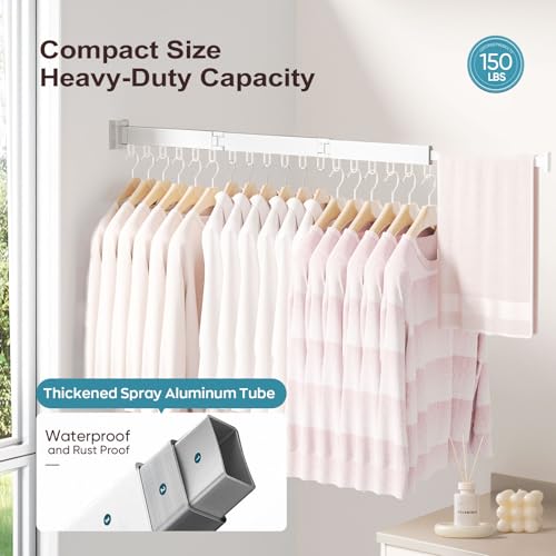 JAUREE Clothes Drying Rack Wall Mounted, Laundry Drying Rack Collapsible, Space Saving Wall Drying Rack Clothing Foldable, Tri-Fold Retractable Rack Outdoor Indoor with 18 Hooks, White - Image 3