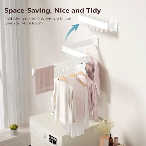 JAUREE Clothes Drying Rack Wall Mounted, Laundry Drying Rack Collapsible, Space Saving Wall Drying Rack Clothing Foldable, Tri-Fold Retractable Rack Outdoor Indoor with 18 Hooks, White - Image 2