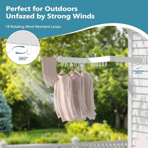 JAUREE Clothes Drying Rack Wall Mounted, Laundry Drying Rack Collapsible, Space Saving Wall Drying Rack Clothing Foldable, Tri-Fold Retractable Rack Outdoor Indoor with 18 Hooks, White - Image 4