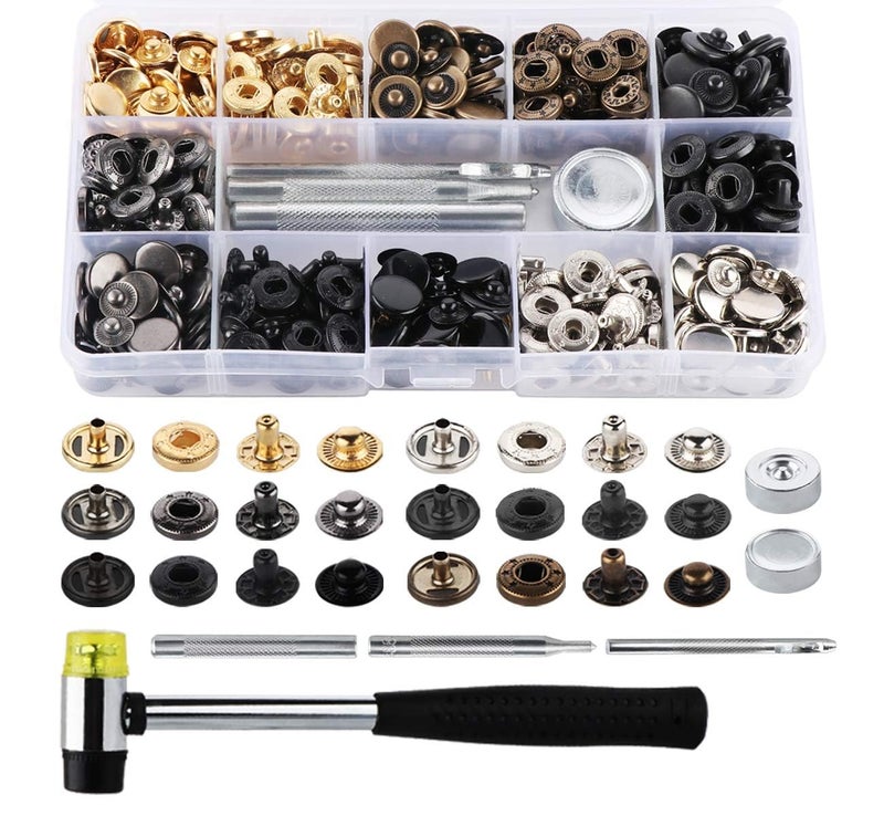 ilauke 120 Sets Snap Fasteners Metal Snaps Button Canvas Snaps Kit Press Studs with Hammer and 4 Pieces Fixing Tool Kit 125mm Poppers Fasteners for Clothes Craft Repairs Decoration 6 Colors
