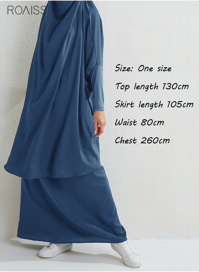 roaiss - 2-Piece Casual Loose Set Muslim Women's Long Top and Elastic Waist Skirt Wrist Splice Tight Fashion Versatile Set - Image 1