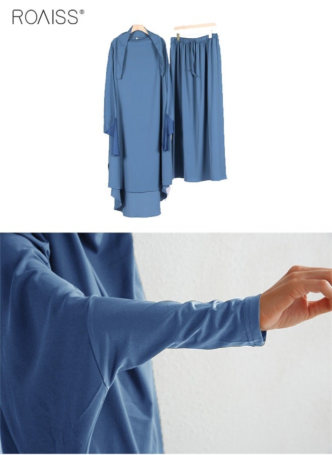 roaiss - 2-Piece Casual Loose Set Muslim Women's Long Top and Elastic Waist Skirt Wrist Splice Tight Fashion Versatile Set - Image 1