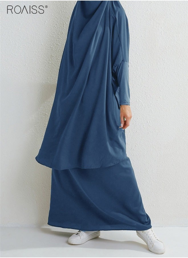 roaiss - 2-Piece Casual Loose Set Muslim Women's Long Top and Elastic Waist Skirt Wrist Splice Tight Fashion Versatile Set - Image 1