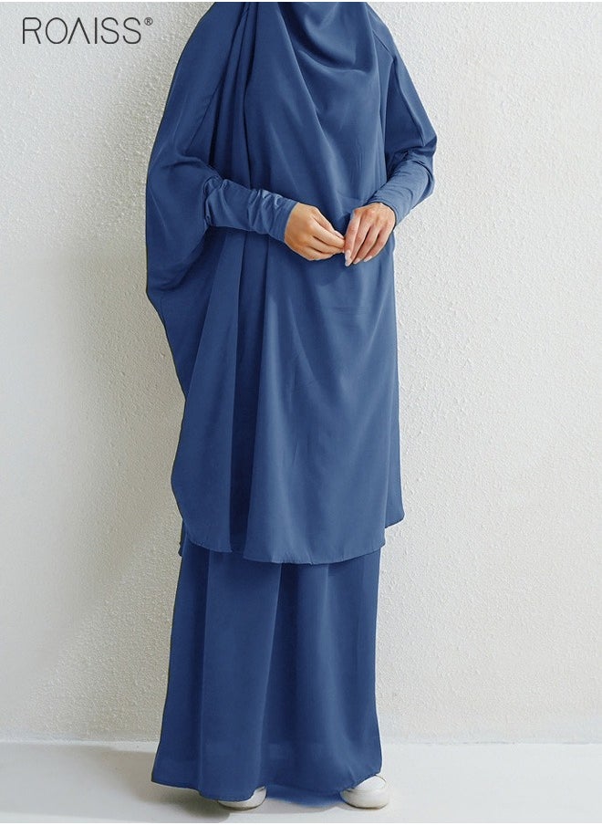 roaiss - 2-Piece Casual Loose Set Muslim Women's Long Top and Elastic Waist Skirt Wrist Splice Tight Fashion Versatile Set - Image 1