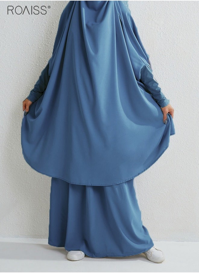 roaiss - 2-Piece Casual Loose Set Muslim Women's Long Top and Elastic Waist Skirt Wrist Splice Tight Fashion Versatile Set - Image 1