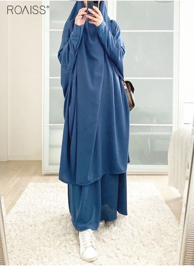 roaiss - 2-Piece Casual Loose Set Muslim Women's Long Top and Elastic Waist Skirt Wrist Splice Tight Fashion Versatile Set - Image 1
