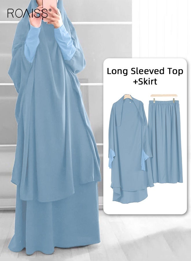 roaiss Women's Traditional Wear Loose Suit Casual Hooded Large Hem Circumference Solid Color Gown 2 Piece Classic National Worship Long Sleeve One-Piece Headscarf Abaya Dress Blue - Image 1
