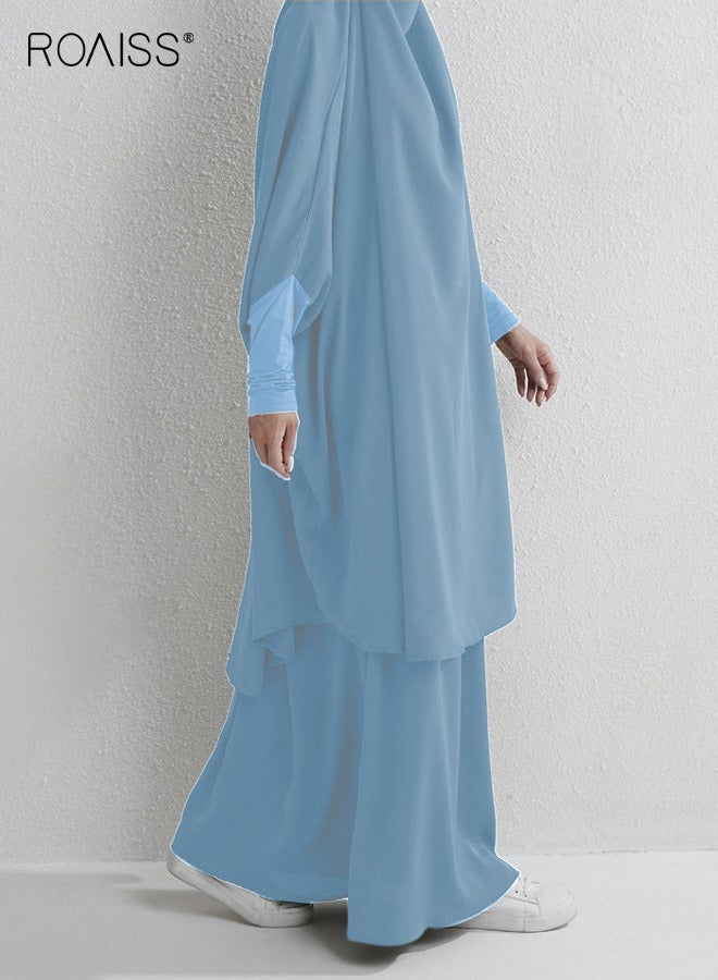 roaiss Women's Traditional Wear Loose Suit Casual Hooded Large Hem Circumference Solid Color Gown 2 Piece Classic National Worship Long Sleeve One-Piece Headscarf Abaya Dress Blue - Image 5