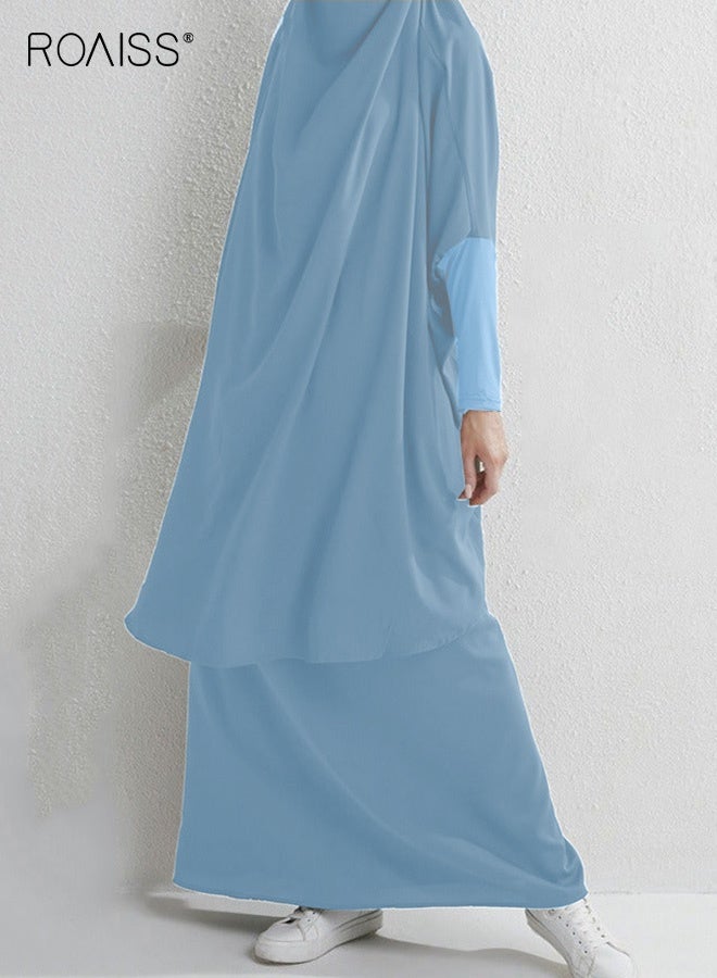 roaiss Women's Traditional Wear Loose Suit Casual Hooded Large Hem Circumference Solid Color Gown 2 Piece Classic National Worship Long Sleeve One-Piece Headscarf Abaya Dress Blue - Image 4