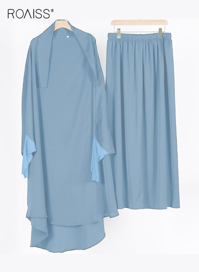 roaiss Women's Traditional Wear Loose Suit Casual Hooded Large Hem Circumference Solid Color Gown 2 Piece Classic National Worship Long Sleeve One-Piece Headscarf Abaya Dress Blue - Image 3