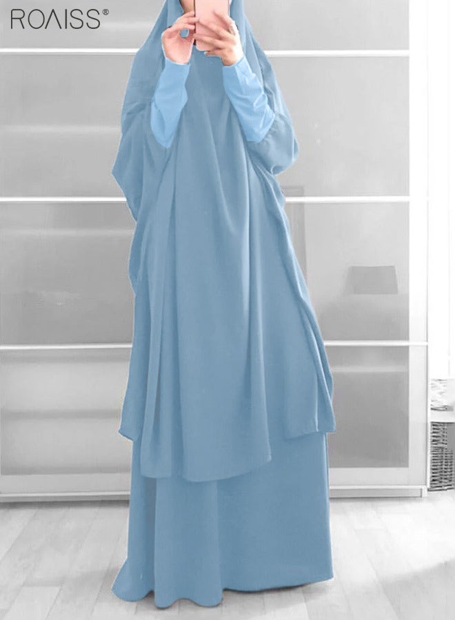 roaiss Women's Traditional Wear Loose Suit Casual Hooded Large Hem Circumference Solid Color Gown 2 Piece Classic National Worship Long Sleeve One-Piece Headscarf Abaya Dress Blue - Image 2