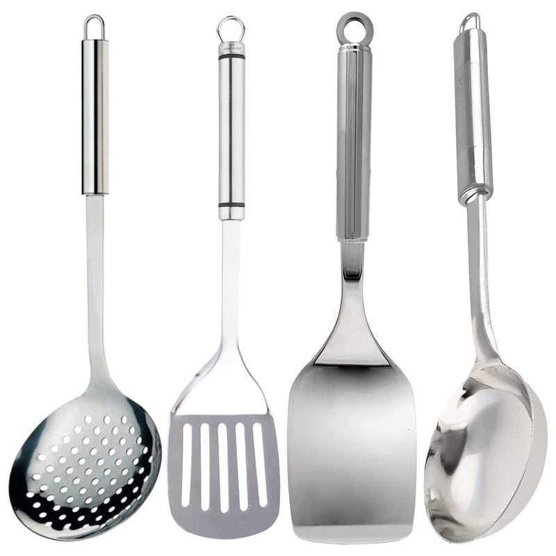 Kuber Industries Heart Home Multiuses Serving Cooking Stainless Steel Kitchen Tool Utensil Set of 4 Skimmer Spatula Solid Turner Ladle Silver  - Image 1