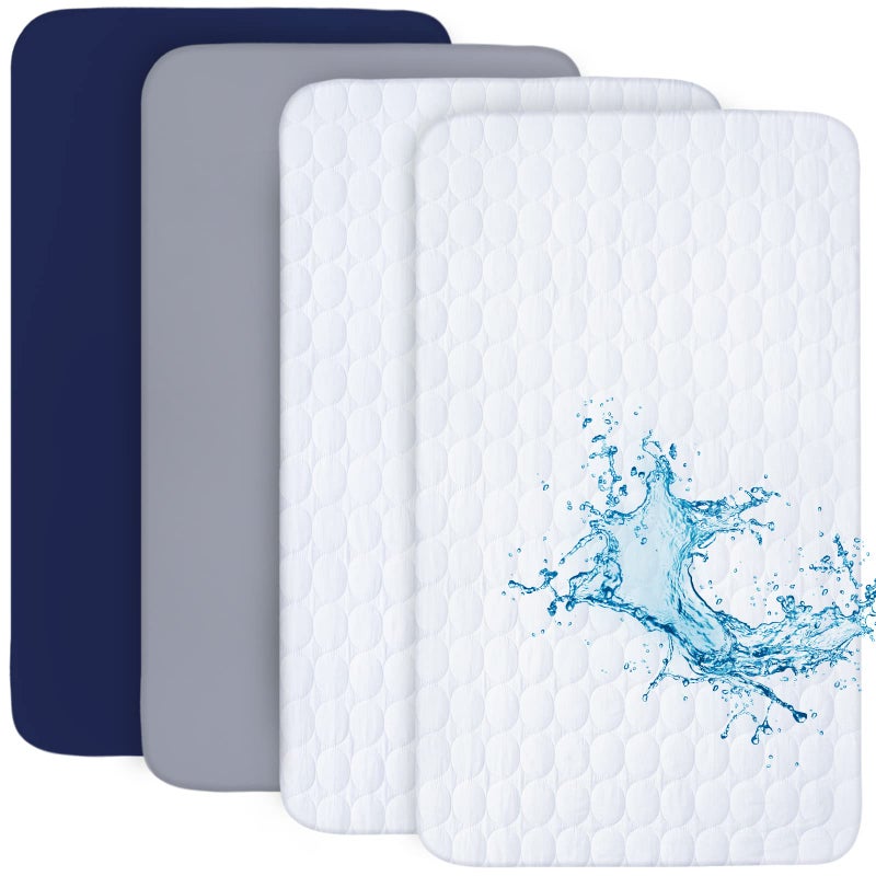 Biloban Crib Sheets and Waterproof Crib Mattress Protector 4 Pack Set,Waterproof Crib Sheets Mattress Pad Cover for Baby Boys and Girls, Grey&Navy - Image 1