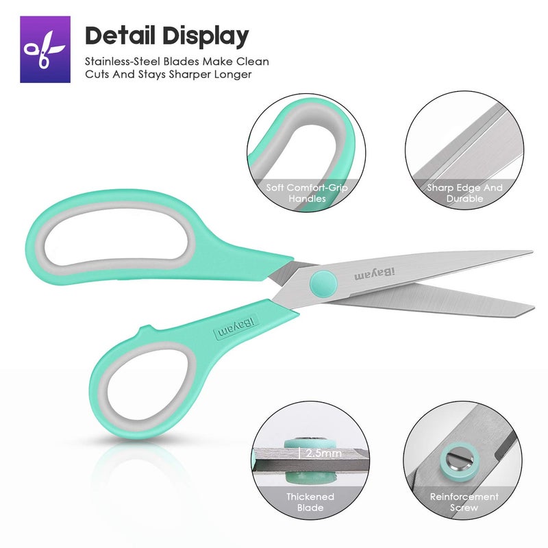 iBayam Scissors, iBayam 8" All Purpose Scissors Bulk 3-Pack, Ultra Sharp 2.5mm Thick Blade Shears Comfort-Grip for Office Desk Accessories Sewing Fabric Home Craft Teacher School Supplies, Right/Left Handed - Image 3