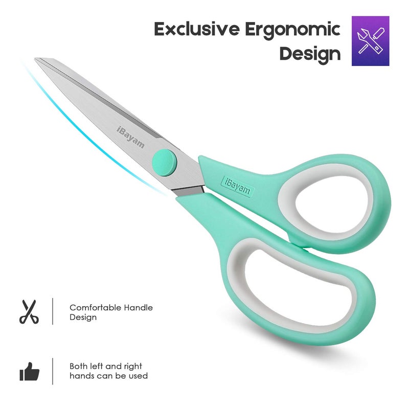 iBayam Scissors, iBayam 8" All Purpose Scissors Bulk 3-Pack, Ultra Sharp 2.5mm Thick Blade Shears Comfort-Grip for Office Desk Accessories Sewing Fabric Home Craft Teacher School Supplies, Right/Left Handed - Image 5