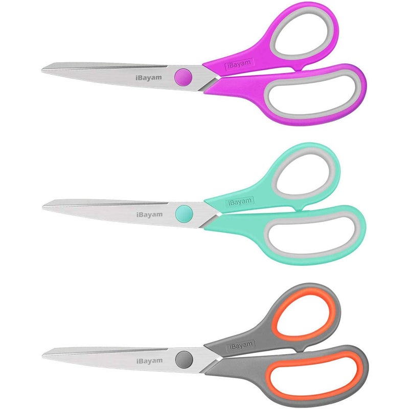 iBayam Scissors, iBayam 8" All Purpose Scissors Bulk 3-Pack, Ultra Sharp 2.5mm Thick Blade Shears Comfort-Grip for Office Desk Accessories Sewing Fabric Home Craft Teacher School Supplies, Right/Left Handed - Image 1