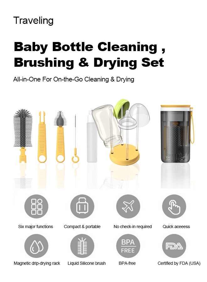 Portable Silicone Baby Bottle Brush Travel Set 7 Piece With Magnetic Drying Rack Nipple Brush And Storage Container - Image 3