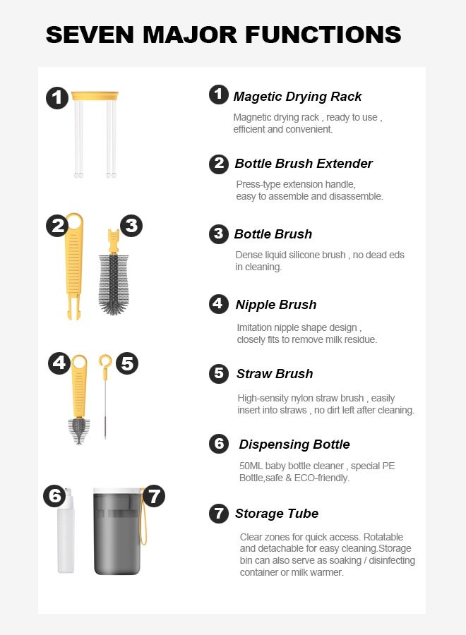 Portable Silicone Baby Bottle Brush Travel Set 7 Piece With Magnetic Drying Rack Nipple Brush And Storage Container - Image 4