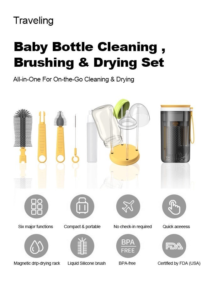 مجموعة فرشاة زجاجات الأطفال للسفر 7 في 1 | رف تجفيف مغناطيسي | معتمد من FDA خالية من BPA | مجموعة تنظيف زجاجات الأطفال المحمولة لسفر حديثي الولادة - Image 1