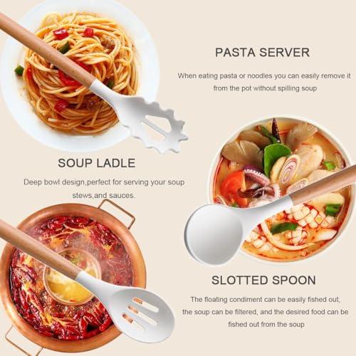 FOLIAM 12 pcs Silicone Cooking Utensils Kitchen Utensil Set with Holder Heat Resistant Silicone Spatula Turner Set Wooden Spoons Kitchen Tools Cooking Utensils for Nonstick Cookware (White) - Image 5
