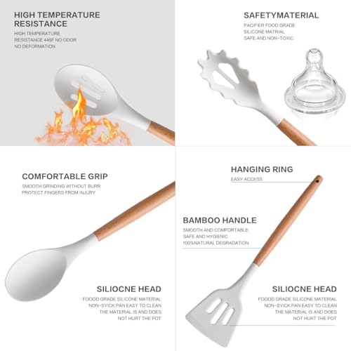 FOLIAM 12 pcs Silicone Cooking Utensils Kitchen Utensil Set with Holder Heat Resistant Silicone Spatula Turner Set Wooden Spoons Kitchen Tools Cooking Utensils for Nonstick Cookware (White) - Image 3