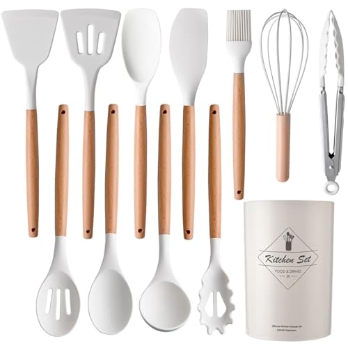 FOLIAM 12 pcs Silicone Cooking Utensils Kitchen Utensil Set with Holder Heat Resistant Silicone Spatula Turner Set Wooden Spoons Kitchen Tools Cooking Utensils for Nonstick Cookware (White) - Image 1
