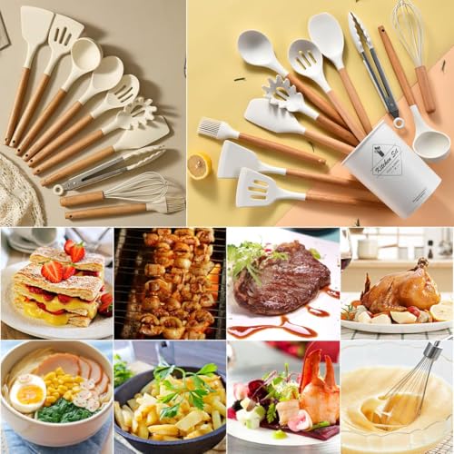 FOLIAM 12 pcs Silicone Cooking Utensils Kitchen Utensil Set with Holder Heat Resistant Silicone Spatula Turner Set Wooden Spoons Kitchen Tools Cooking Utensils for Nonstick Cookware (White) - Image 2