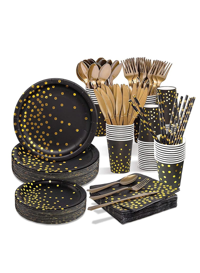 TRASSLE Birthday Party Supplies Golden Dots Party Dinnerware Disposable Party Plates Napkins and Cups Sets Serves 25 Guests for Wedding Birthday Party - Image 1