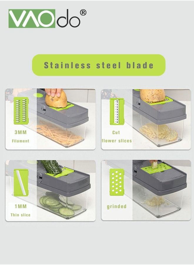 VAOdo - 14 In 1 Vegetable Chopper Adjustable Multifunctional Food Chopper with Container Onion Carrot Salad Chopper Grey - Image 1