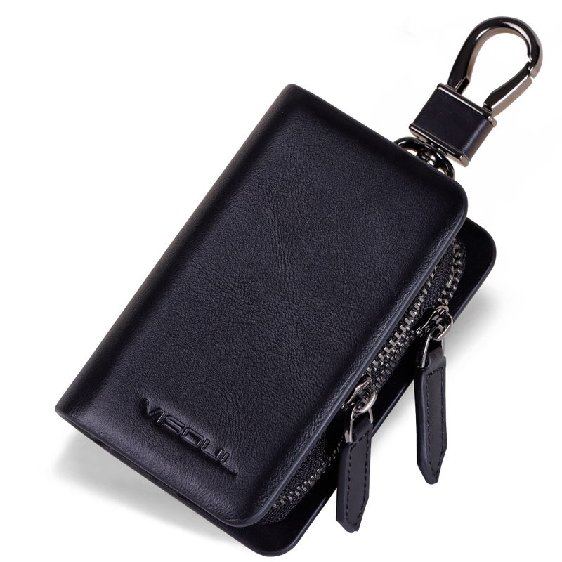 VISOUL Car Key Case Holder Double Zipper Leather Car Smart Key Fob Case with Keychain for Men and WomenBlack