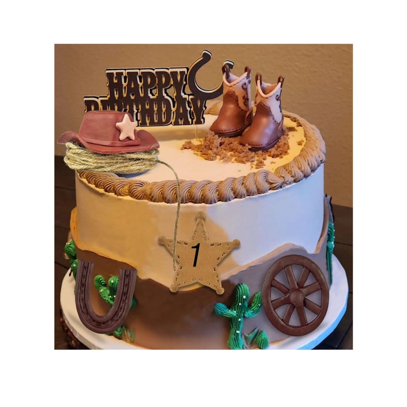 SOLARAE 7PCS Cowboy Cake Decorations, Cowboy Hat and Boot Cake Toppers, Vintage Cowboy Rodeo Cake Topper, Western Cowboy Cowgirl Birthday Baby Shower for Western Theme Party Favors Supplies - Image 4