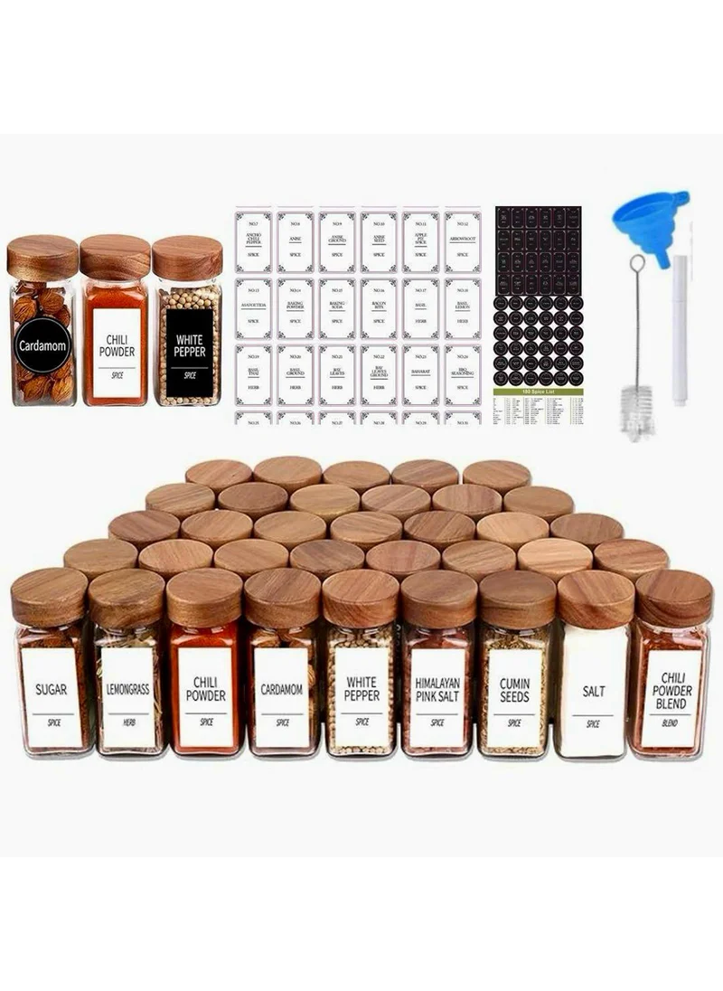 كويزيرا QUESERA 24 Spice Jars with labels and Shaker Lids - Glass - 4 Oz Square Containers with Acacia Wood Lids, Chalk Pen, Funnel Seasoning Jars for Spice Rack