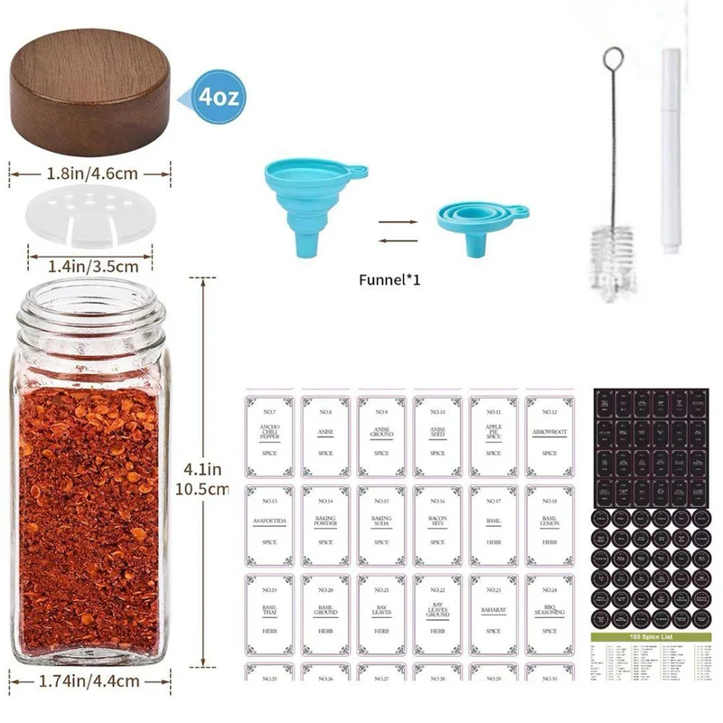 Quesera  QUESERA 24 Spice Jars with labels and Shaker Lids - Glass - 4 Oz Square Containers with Acacia Wood Lids, Chalk Pen, Funnel Seasoning Jars for Spice Rack  | Best Price UAE