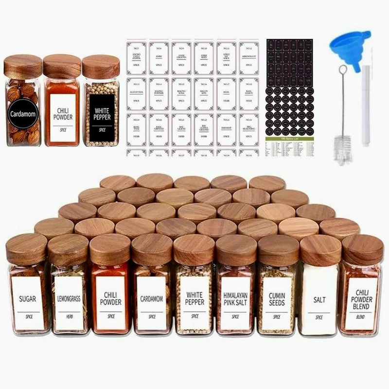 QUESERA QUESERA 24 Spice Jars with labels and Shaker Lids - Glass - 4 Oz Square Containers with Acacia Wood Lids, Chalk Pen, Funnel Seasoning Jars for Spice Rack