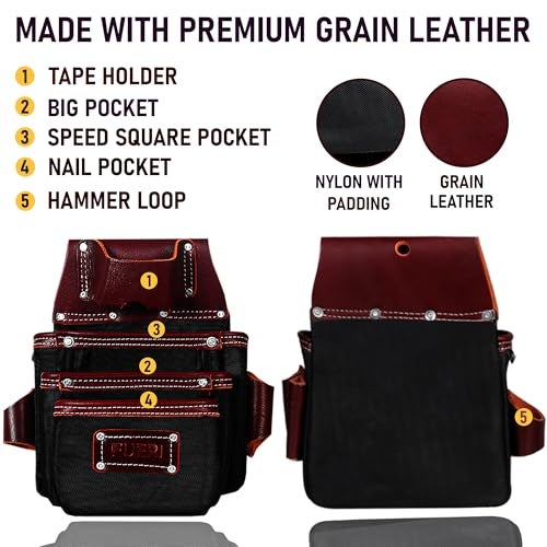 FUERI Electrician Tool Belt Bag Combo for Men Heavy Duty Leather 1680D Nylon with 26 Pockets Padded Back Support NoSag Pouches Suspender Compatible Ideal for Carpenters Framers - Image 3