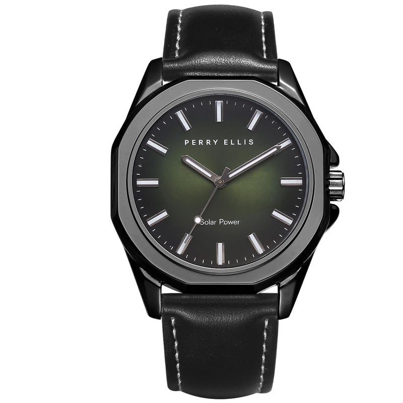 Perry Ellis Solar Powered Mens Watch Vegan Leather WaterResistant Analog Wrist Watches for Men 42mm Case Relojes para Hombres Elegant Gift for Man Green - Image 2