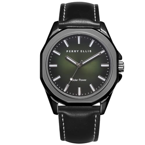 Perry Ellis Solar Powered Mens Watch Vegan Leather WaterResistant Analog Wrist Watches for Men 42mm Case Relojes para Hombres Elegant Gift for Man Green - Image 1