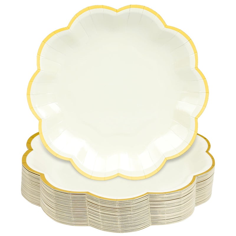 AimFun Beige Party Plates Cream Dessert Paper Plates 7inch Gold Foil Scalloped Edge Disposable Cake Plates for Tea Party Birthday Bridal Baby Shower Wedding Party Supplies (48, Beige) - Image 1