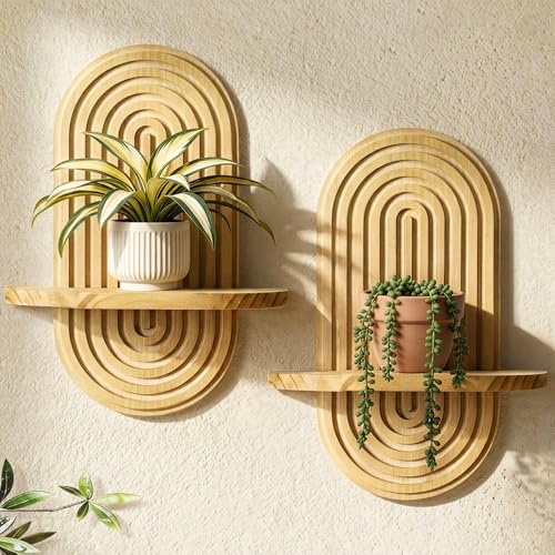 Heiple Set of 2 Boho Arched Floating Shelves 15.7”x 7.8” Plant Wooden Hanging Shelf for Living Room Bedroom Nursery Mid Century Modern Wall Decor Office Holding Planter (Brown, 11.7 * 15.7) - Image 1