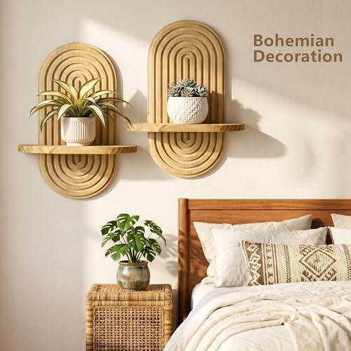 Heiple Set of 2 Boho Arched Floating Shelves 15.7”x 7.8” Plant Wooden Hanging Shelf for Living Room Bedroom Nursery Mid Century Modern Wall Decor Office Holding Planter (Brown, 11.7 * 15.7) - Image 5