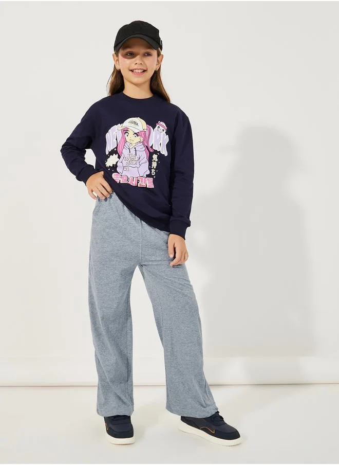 Styli Styli Solid Elastic Waistband Wide Leg Joggers with Drawstring