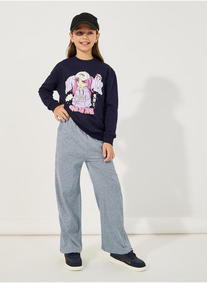 Styli - Solid Elastic Waistband Wide Leg Joggers with Drawstring - Image 1