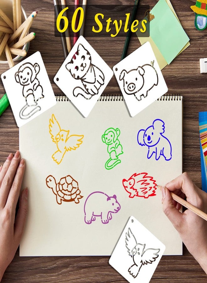 MWOOT 60 Pcs Cute Animals Painting Stencils,Waterproof Drawing Templates for DIY Canvas Fabric Wall Decors Art Set,Reusable Plastic Stencil for Kids Adult DIY Lovers Painting Supplies (7.6x7.6 cm) - Image 2