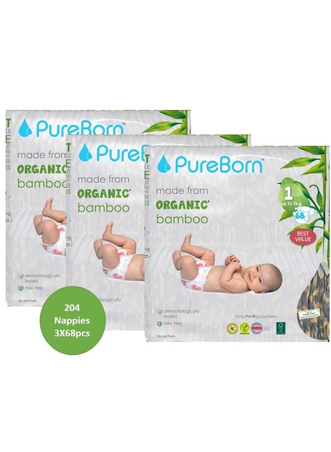PureBorn Organic Bamboo Baby Diapers Size 1| Tape Style Diapers Hypoallergenic nappies |Upto 5 kgs| Pack of 3x68s Count 204 | Assorted Print - Image 1