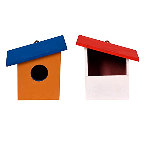 Cket Bird House Combo Wooden for Sparrow, Kingfisher Bird Nest for Balcony Water Resistant Wooden with Hanging and Wall Patch (Red-Blue) (Pack of 2) - Image 1