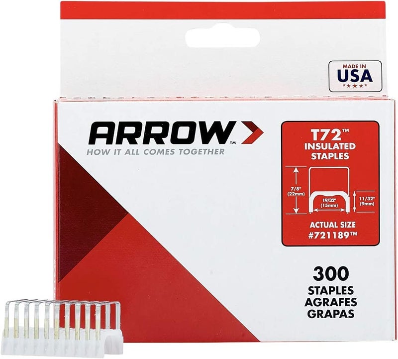 Arrow Fastener Arrow 721189 T72 Heavy Duty Steel Insulated Staples for Installing Cable/Wiring, 11/32-Inch Leg Length, 19/32-Inch Crown, 300-Pack - Image 1
