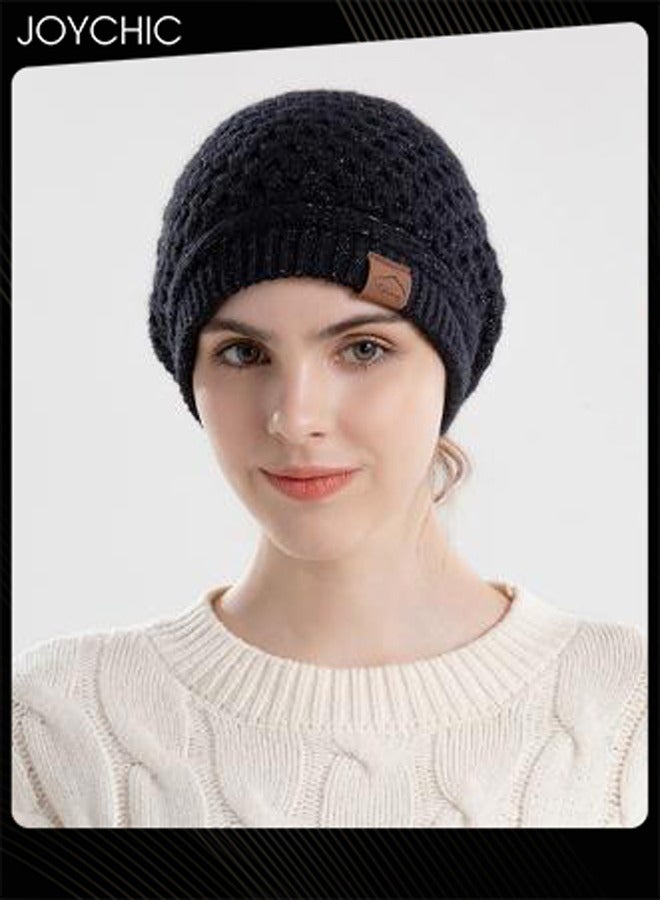 Joychic قبعة نسائية لخريف وشتاء دافئة لحماية الأذنين مع فتحة ذيل الحصان قبعة محبوكة للدراجات في الهواء الطلق مقاومة للرياح سوداء - Image 3