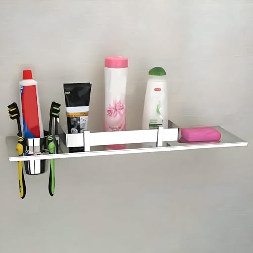 Pivalo 4 in 1 304 Grade Stainless Steel Bathroom Shelf Multipurpose Home Accessories Organizer Set Corner Wall Mount Rack with Mirror Finish Holder for Towel Soap & Toothbrush (Pack of 1) - Image 1