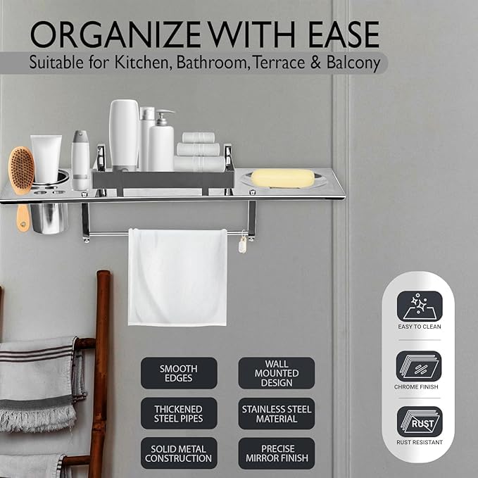 Pivalo 4 in 1 304 Grade Stainless Steel Bathroom Shelf Multipurpose Home Accessories Organizer Set Corner Wall Mount Rack with Mirror Finish Holder for Towel Soap & Toothbrush (Pack of 1) - Image 4